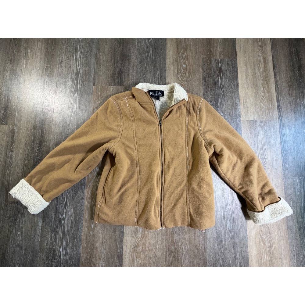 FU DA Fleece Jacket Womens Medium Tan Faux Shearling Lined Full Zip Midweight